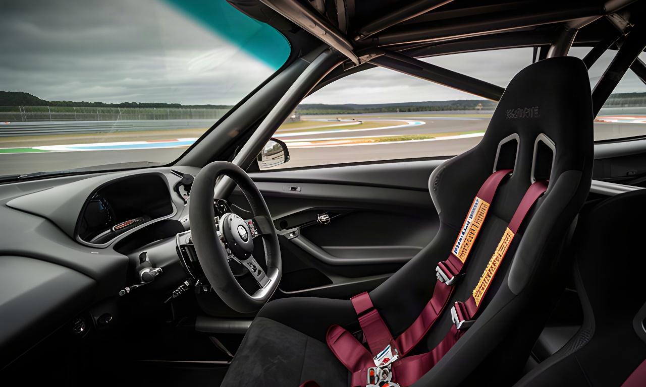 Generieke raceauto-cockpit op een circuit met zichtbaar stuur, kuipstoel en veiligheidsgordels